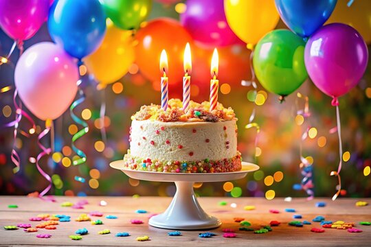 Vibrant balloons and colorful confetti surround a delicious three-tiered cake with candles, celebrating a festive and joyful birthday in a warm and inviting atmosphere.