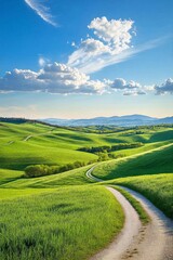 Picturesque Tuscan countryside with winding road through green hills. Idyllic spring landscape. Nature and travel concept. Panoramic view for banner, poster, wallpaper