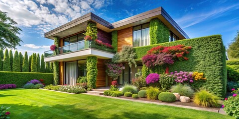 Fototapeta premium Vibrant greenery cascades down the walls of a modern home, blending seamlessly with lush flowers and manicured lawns in a serene, harmonious outdoor oasis.