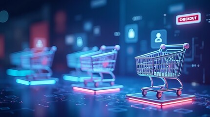 E-commerce Shopping Carts in Digital Space: Online Retail Concept with Virtual Trolleys and Neon Icons