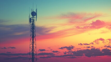 Cell Tower Silhouette Against a Vibrant Sunset