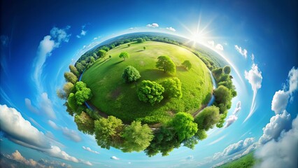 Lush green landscape on a small planet with a bright summer sky