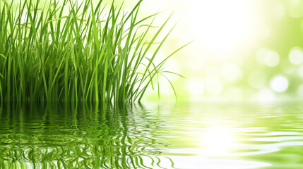 Obraz premium A green field with grass and a body of water