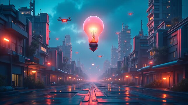 Futuristic City Illuminated by Giant Lightbulb: Innovative Urban Landscape with Flying Drones and Neon Lights