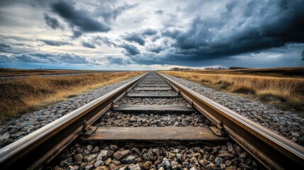 A railway track stretching into the distance, emphasizing parallel lines converging at the horizon under a cloudy sky