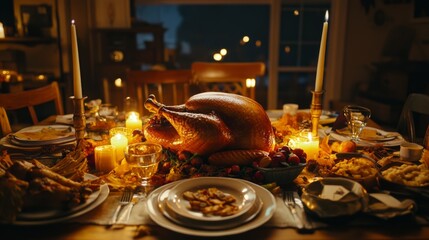Roasted Turkey Centerpiece on a Candlelit Thanksgiving Table