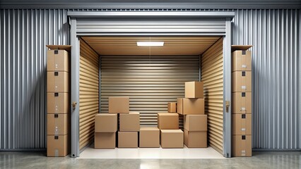 A self storage unit filled with neatly stacked cardboard boxes