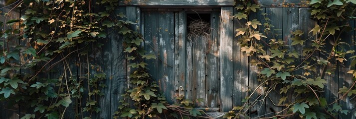 Neglected house window covered in climbing ivy, featuring a rural wooden facade with a creeper plant and a bird's nest. Vines entwined on an aged wall in a deserted area. Close-up of an enigmatic dark