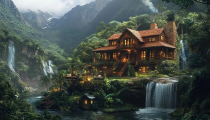 A Secluded Wooden Cabin Nestled in a Lush Forest Valley with Multiple Waterfalls
