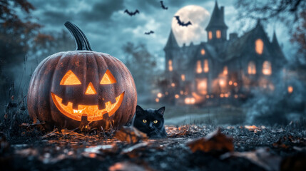 Obraz premium A pumpkin with a smiley face on it is sitting in front of a house