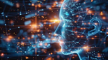 Fototapeta premium Digital Mind: A mesmerizing digital portrait of a female face, rendered in glowing lines and connected nodes, evokes a sense of artificial intelligence and the future of technology. The image captures