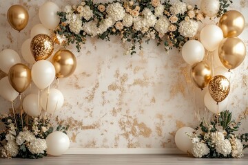 Elegant gold and white balloon decor with floral backdrop, Sophisticated arrangement of gold and white balloons paired with a lush floral backdrop, perfect for weddings, anniversaries