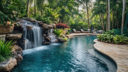 Obraz premium A tranquil pool with a natural stone waterfall, lush landscaping, and a peaceful, serene environment.
