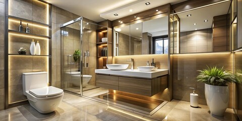Luxurious bathroom interior with a stylish toilet bowl, mirrored wall, and modern basin cabinet for elegant home or hotel design