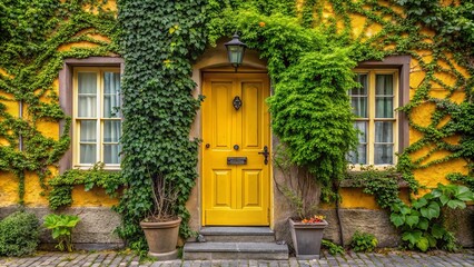 Facade of house braided with ivy and yellow door, creating a charming and inviting atmosphere