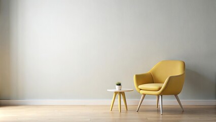 Modern yellow chair in a minimalistic living room with pastel colors