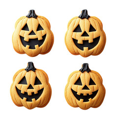 Cheerful Halloween cookies shaped like pumpkins with smiling faces, perfect for festive decorations and treats.