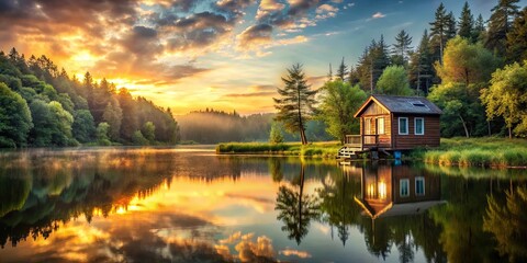 Fototapeta premium Scenic lake with charming vintage tiny house surrounded by sunset forest