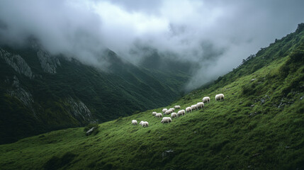 A herd of sheep are grazing on a lush green hillside