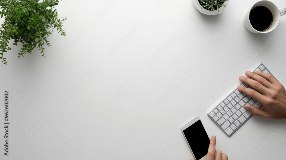 Poster a person is typing on a keyboard with a cell phone in front of them