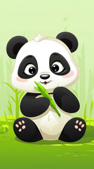 Obraz premium A cartoon panda bear is sitting on the grass holding a green bamboo stick. The bear has a cute and playful expression on its face
