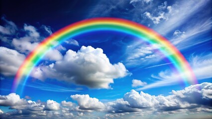 Rainbow spanning across blue sky with fluffy white clouds, rainbow, sky, clouds, colorful, vibrant, nature