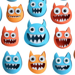 Fototapeta premium Colorful cartoon monsters with big eyes and sharp teeth, perfect for playful designs, children's themes, or Halloween projects.
