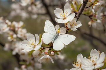 Elegant White Butterflies on Soft Flowers with Golden Highlights in Spring Nature