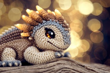 Fototapeta premium Cute Crochet Dragon Toy with Bokeh Background