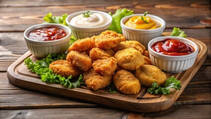Fototapeta premium Delicious chicken nuggets served with an assortment of tasty dips, chicken nuggets, fast food, appetizer, crispy, crunchy, sauces