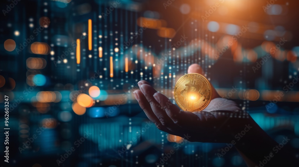 Poster hand holding a bitcoin coin against a backdrop of financial charts and data. this image symbolizes t