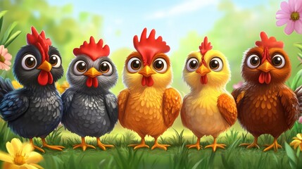 Adorable cartoon hens and roosters with big eyes and playful expressions, scratching around a colorful farm setting