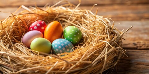 Obraz premium Easter eggs nestled in a straw nest , Easter, eggs, holiday, spring, decoration, colorful, festive, pastel, season