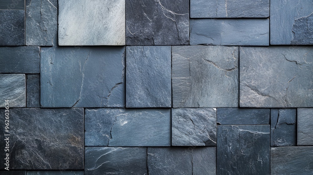 Poster background of large slate tiles with visible cuts and varying shades of gray, creating a modern look