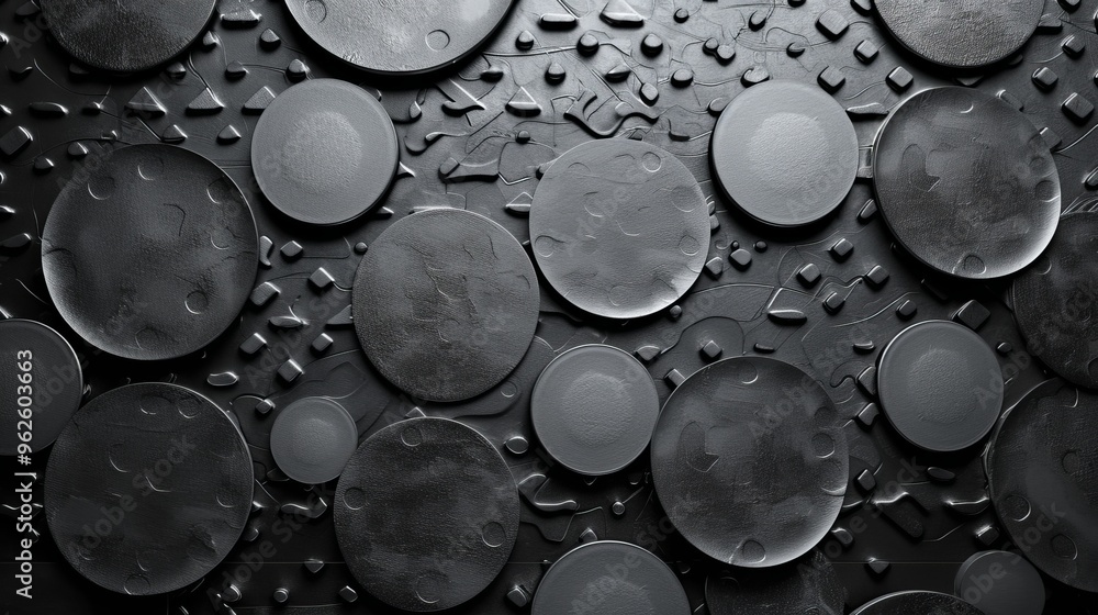 Poster artistic abstract image featuring various black circular textures arranged in a random pattern. the 