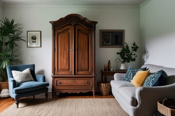 Cozy Living Room Featuring Vintage Wooden Armoire and Curated Accessories on Smooth White Wall