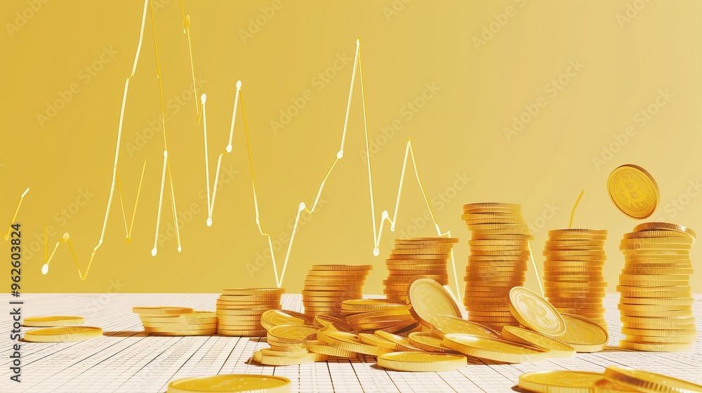 Poster a visually striking image featuring stacks of gold coins on a grid with a financial growth chart in 