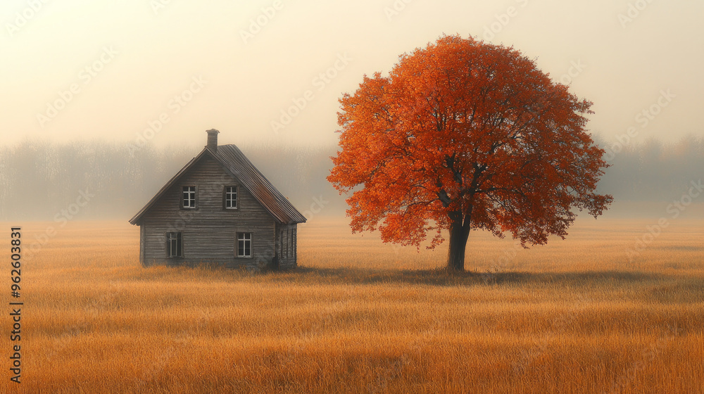 Poster a small house is in the middle of a field with a tree in the foreground