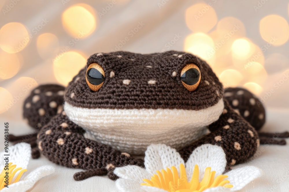 Sticker adorable crochet frog toy with big eyes and white flowers