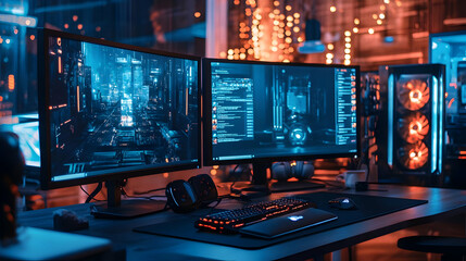 Futuristic Cityscape on Gaming PC Desk Setup - Illustration