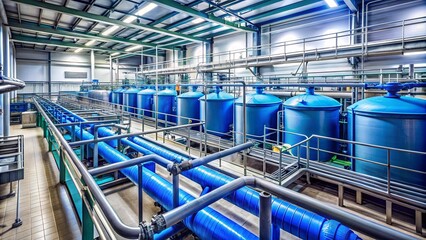 A waste water treatment plant facility with various tanks and pipelines