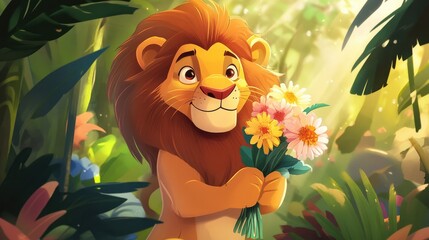 A cartoon lion holding a bouquet of flowers, ready to give them to a friend in a sunny jungle setting