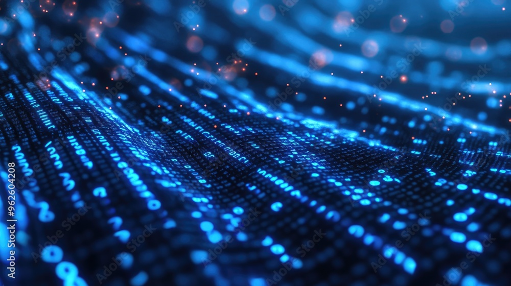 Poster blue binary numbers flow across a digital background, representing high-speed data transmission in m