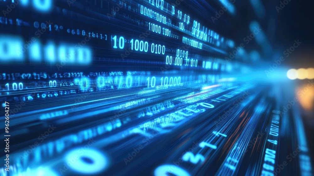 Poster blue binary numbers flow across a digital background, representing high-speed data transmission in m