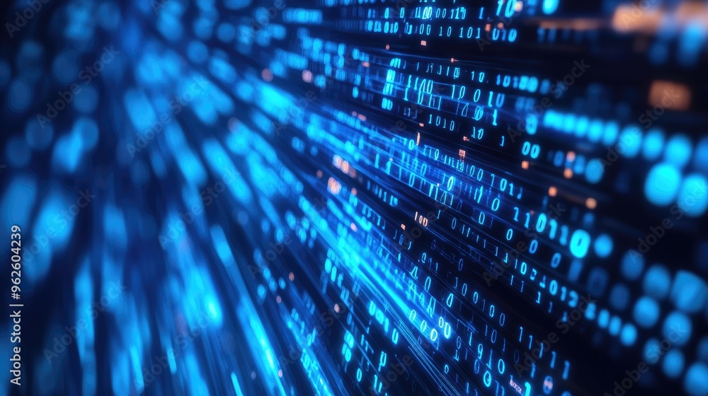 Poster blue binary numbers flow across a digital background, representing high-speed data transmission in m