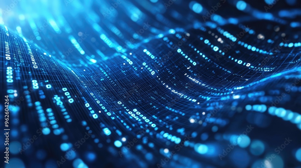 Poster blue binary numbers flow across a digital background, representing high-speed data transmission in m
