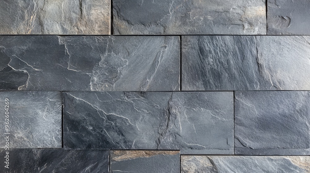 Poster background of large slate tiles with visible cuts and varying shades of gray, creating a modern look