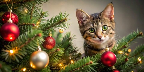 Obraz premium Cat playing in a Christmas tree, cat, Christmas tree, holiday, festive, decorations, playful, mischief, feline, pets, furry, cute