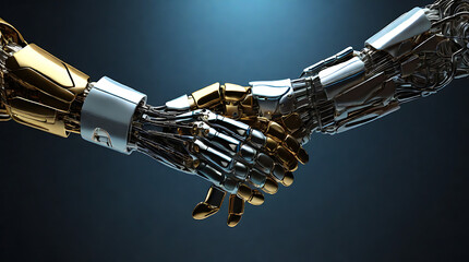 An abstract concept of a handshake between two robotic hands with dollar bills floating around, symbolizing automated business transactions and the future of commerce. 