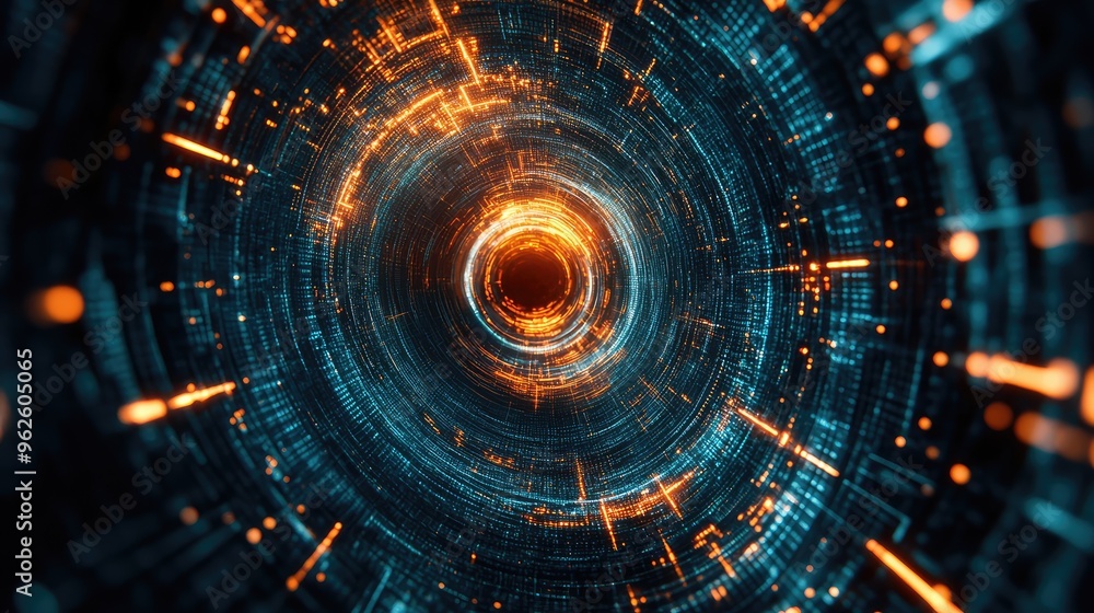 Poster aerial perspective of a digital vortex with interconnected technology lines, creating a sense of dep